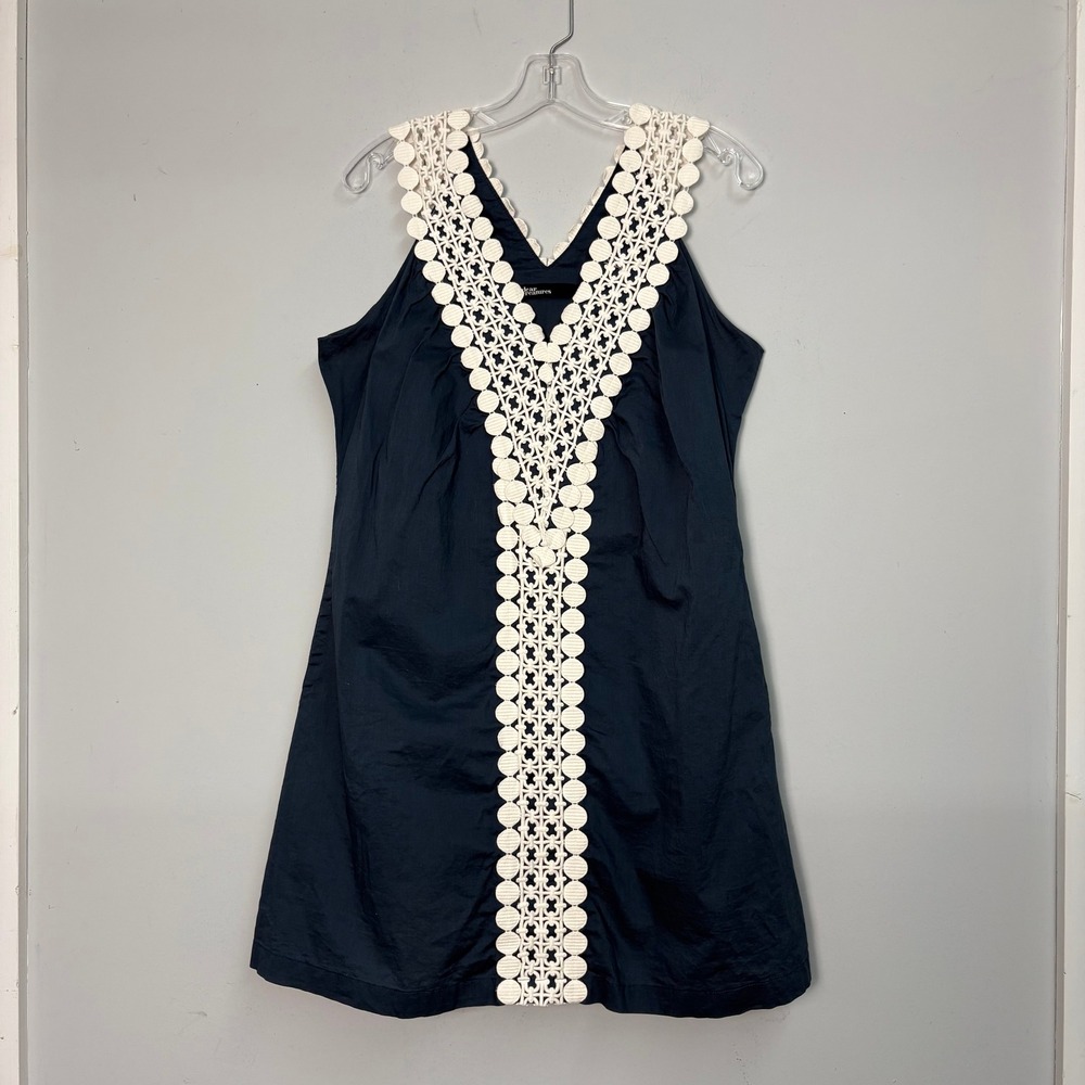 Dear Creatures Navy Blue Cotton Mini Dress Crochet Lace Trim V-Neck Womens Large